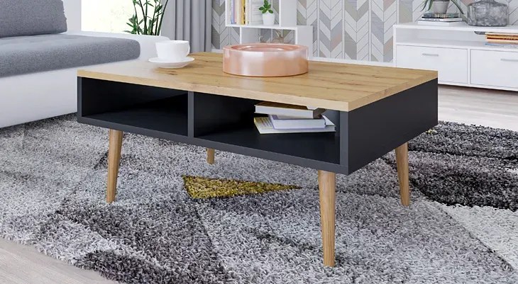 Ława z półkami do salonu dąb artisan + czarny - Olzo