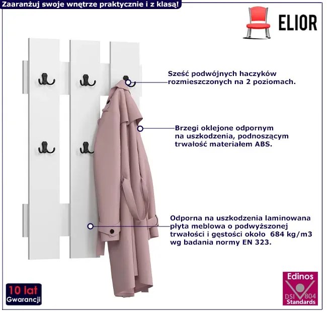 Biały minimalistyczny wieszak ścienny - Vatori 8X