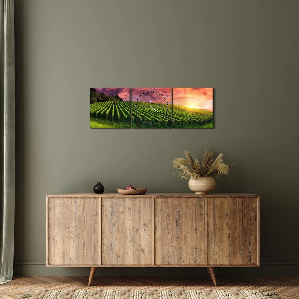 Obraz winnicy z kolorowym niebem (z zegarem) (90x30 cm)