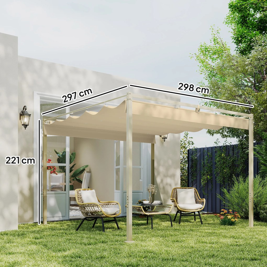 Outsunny Pergola ogrodowa 3 x 3 m z chowanym dachem, pawilon, daszek przeciwsłoneczny, UPF30+, Khaki | Aosom PL