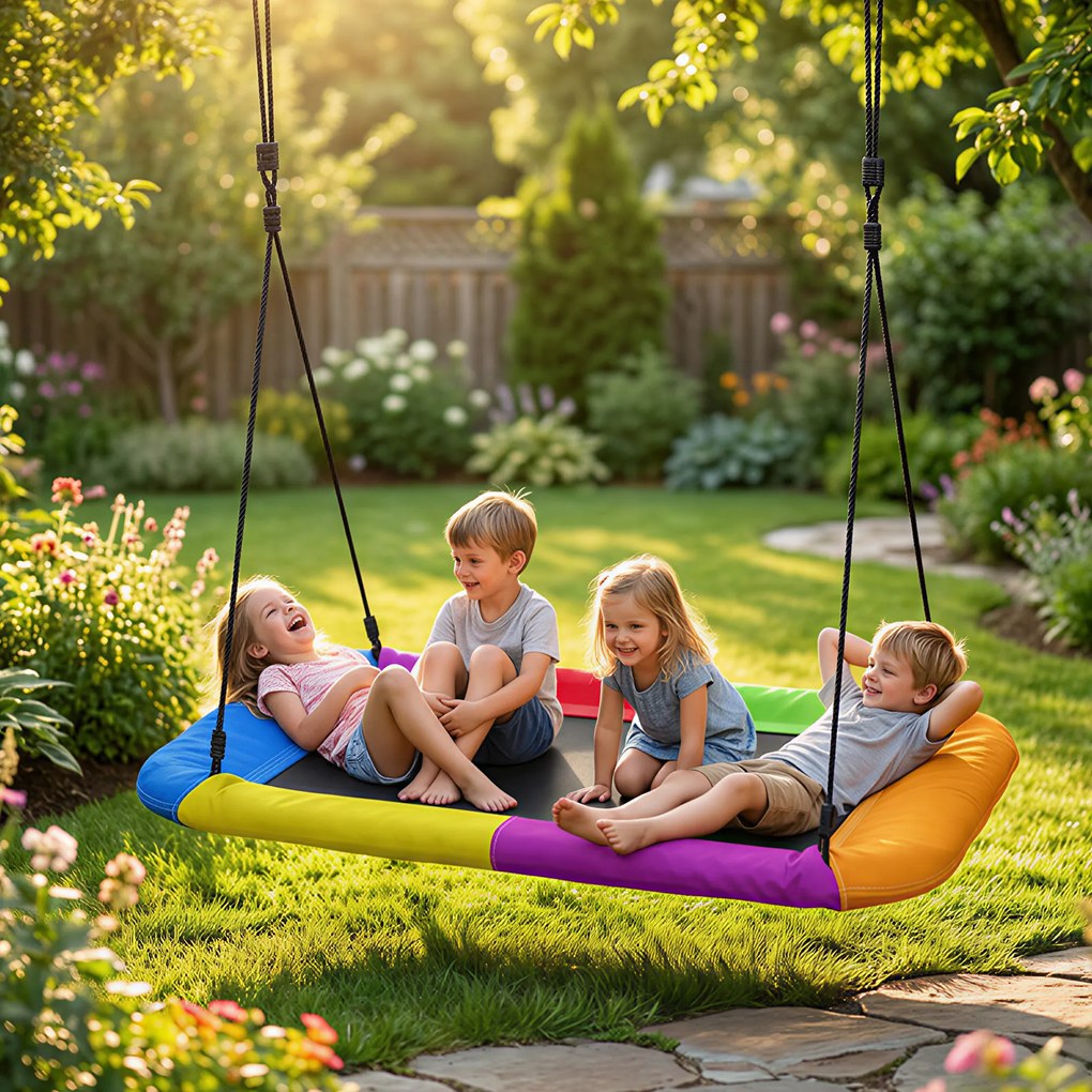 AIYAPLAY Huśtawka typu gniazdo regulowana do 300 kg z regulowanymi linami dla dzieci w wieku 3-8 lat 148x77x180 cm wielokolorowa | Aosom PL