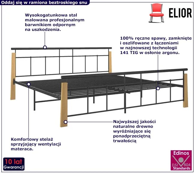Metalowe łóżko czarny + jasny dąb 200x200 cm Avium