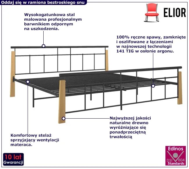 Metalowe łóżko czarny + jasny dąb 200x200 cm P9-D37