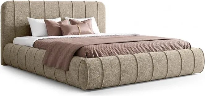Łóżko Tapicerowane Slim 140x200 cm DAVEN z Pojemnikiem Beżowe Boucle Glamour