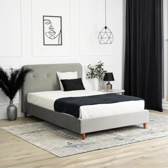 Łóżko Tapicerowane 120x200 cm ze Stelażem Jednoosobowe DENNIS Jasnoszare Welurowe