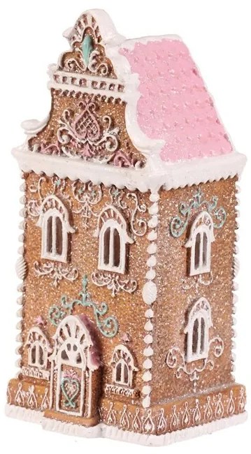 Dekoracja świąteczna Wieżyczka z piernika z różowym dachem, poliresin, LED, brązowy
