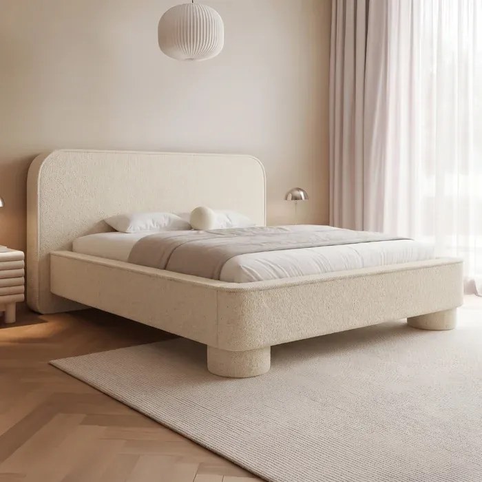 Łóżko Tapicerowane 140x200 cm ELARO z Pojemnikiem Jasnobeżowe Boucle Japandi