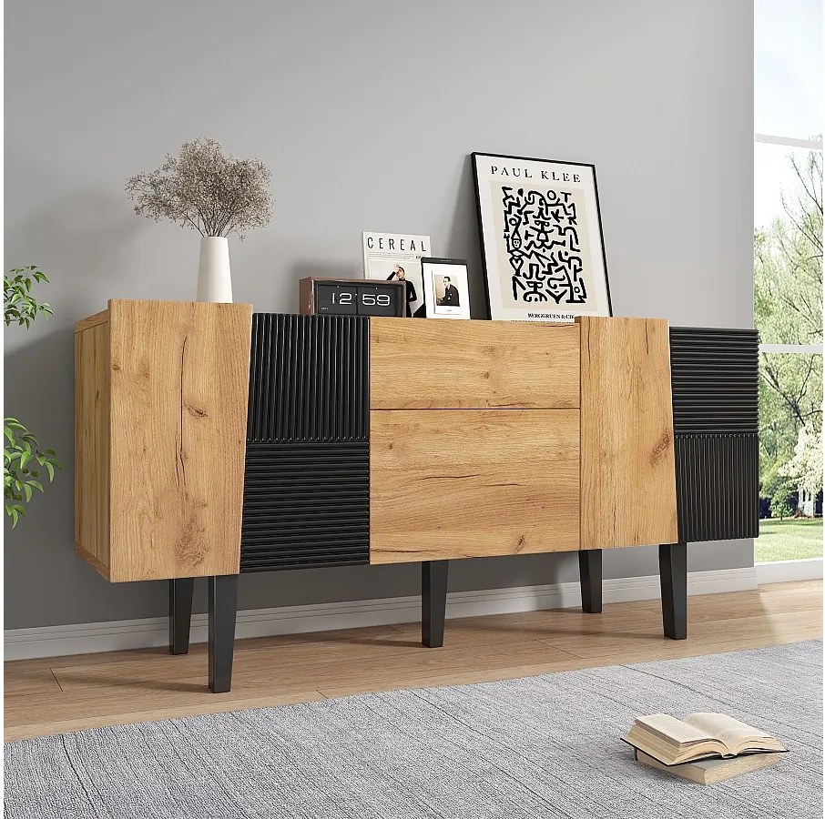 Komoda z 4 drzwiami i 2 szufladami, szafka RTV - 140 x 40 x 70 cm - Płyta wiórowa i nogi z litego drewna - Dąb