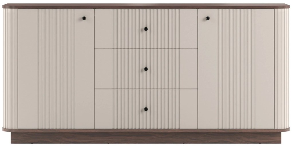 Komoda Vesper 160 cm z szufladami na cokole - kaszmir / orzech / czarne uchwyty