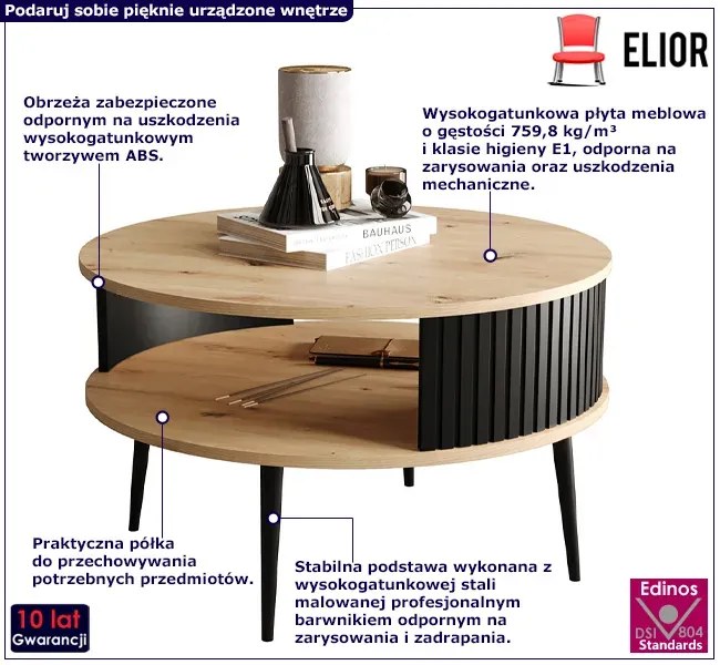 Okrągły Loftowy Stolik Kawowy Dąb Artisan + H9-R70