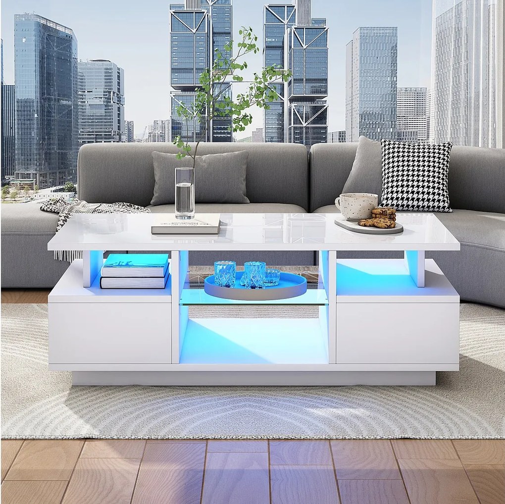 Stolik kawowy lakierowany na wysoki połysk - 100 x 50 x 36 cm - z 2 szufladami + diody LED + przegroda szklana - płyta wiórowa - biały