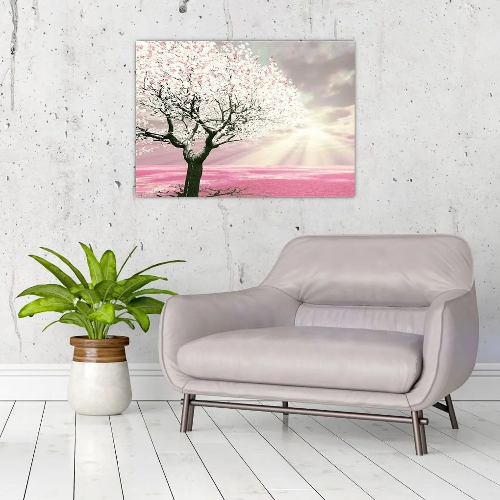 Obraz na szkle - różowe drzewo (70x50 cm)