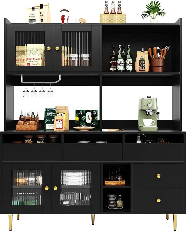 Wysoka komoda kuchenna - 145 x 39 x 171 cm - z 4 drzwiami szklanymi + 5 szufladami - MDF - biała