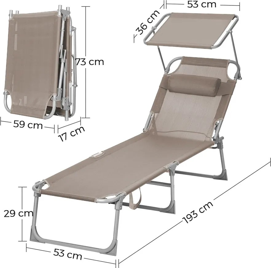 Leżak ogrodowy LAGUNA z regulowanym daszkiem, 193x53x29cm, brązowo-szary (taupe) SongmicsHome