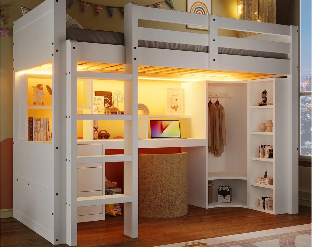 Łóżko na antresoli 90x200cm - z oświetleniem LED - z szafą + biurkiem - z 3 szufladami - z przegródkami do przechowywania - biały