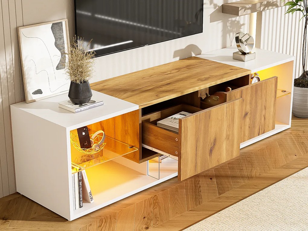 Szafka pod telewizor 160x40x42 cm - z 2 szufladami - przeznaczona dla telewizorów do 70 cali - biały/naturalny