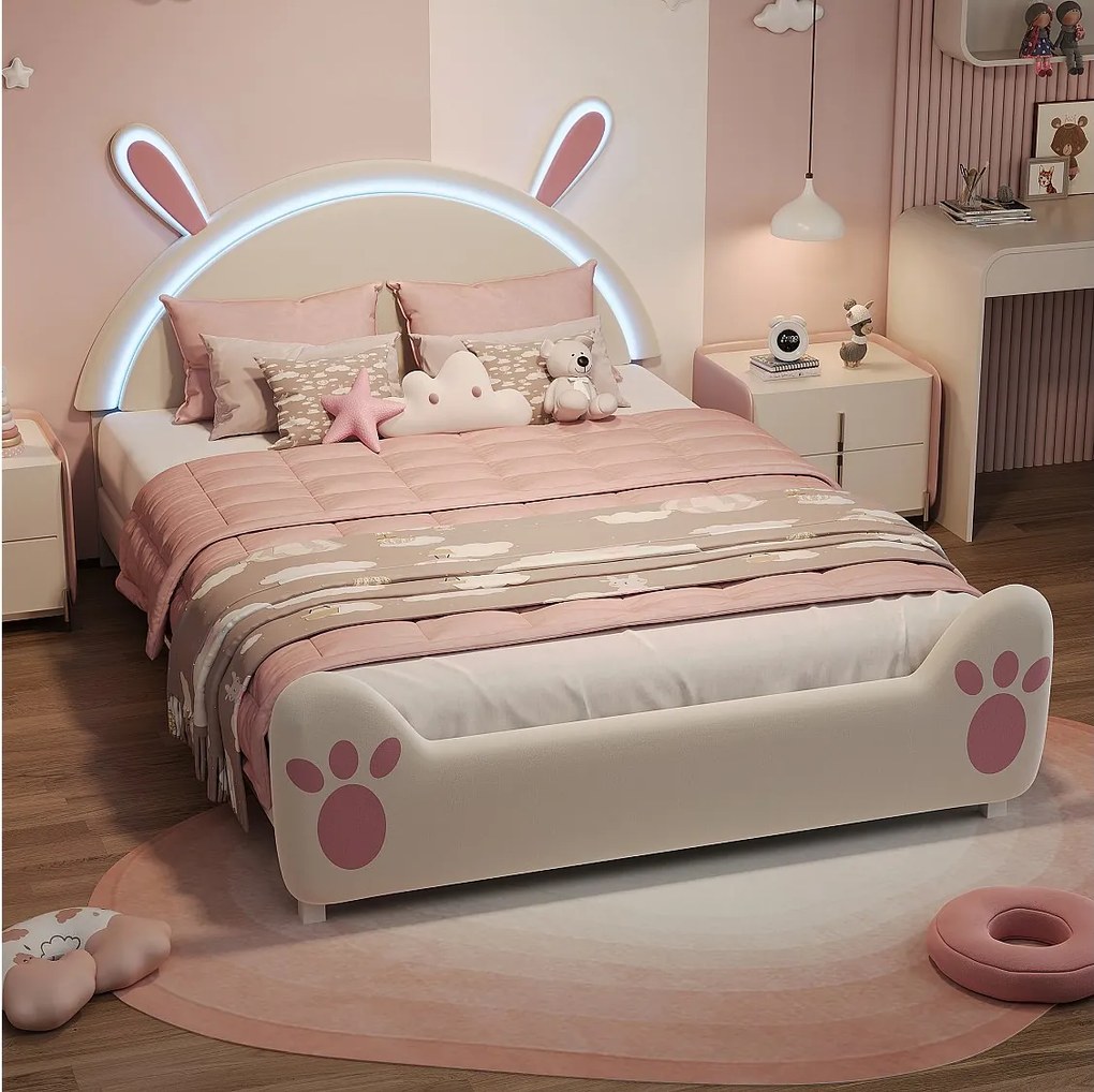 Łóżko dziecięce 140x200 cm Królik z oświetleniem LED, wzór Ucho Królika, rama biało-różowa