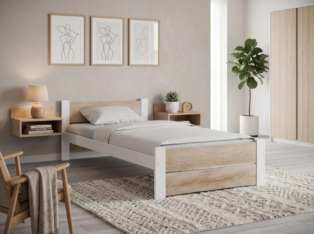 Łóżko IKAROS DOUBLE 80 x 200 cm, białe/dąb sonoma Stelaż: Ze stelażem listwowym rolowanym, Materac: Bez materaca