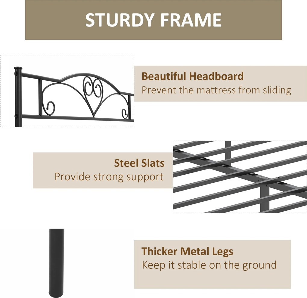 HOMCOM Rama łóżka metalowa z zagłówkiem, udźwig 300 kg, 145L x 211B x 106H cm, Schwarz