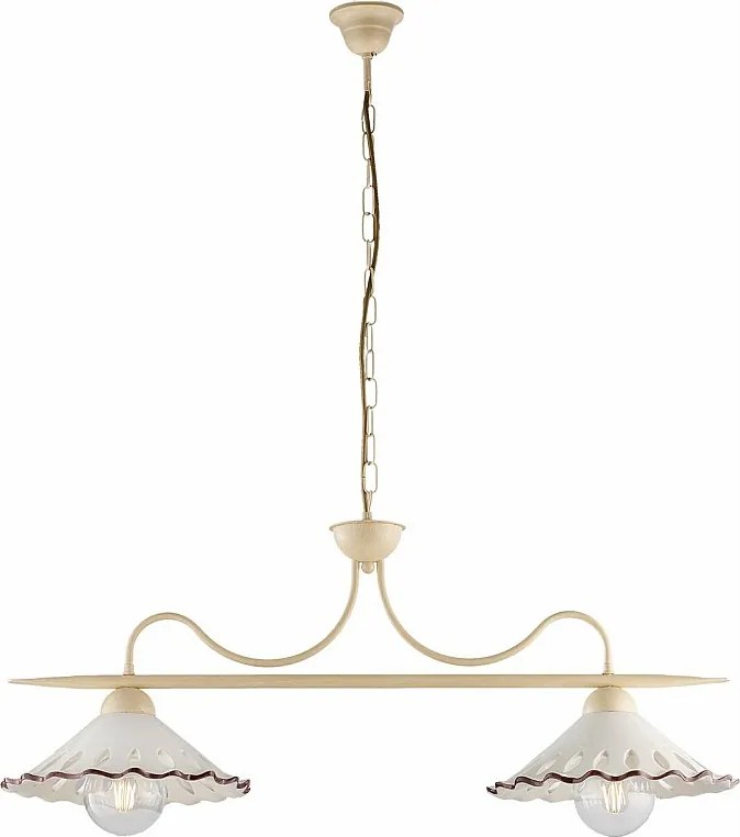 Żyrandol Osteria z lakierowanego żelaza w kolorze kości słoniowej, dekor decapé, ceramiczne dyfuzory biało-brązowe Ø30 cm, 2 światła, 83x30 cm