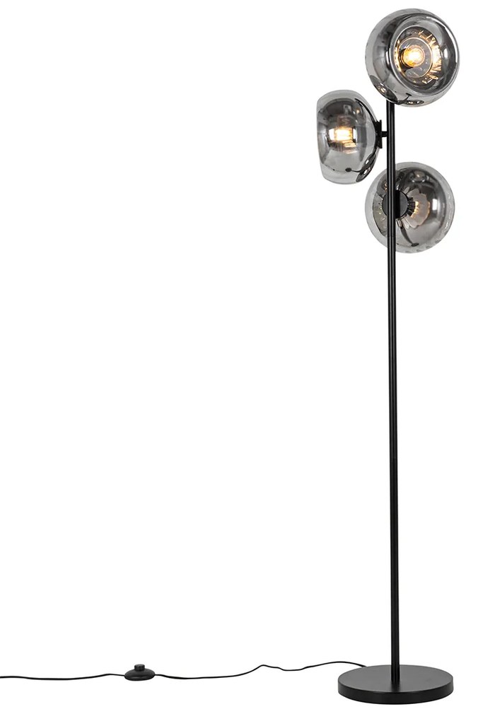 Lampa podłogowa art deco czarna z przydymionym szkłem 3-światła - Ayesha ArtDeco Oswietlenie wewnetrzne