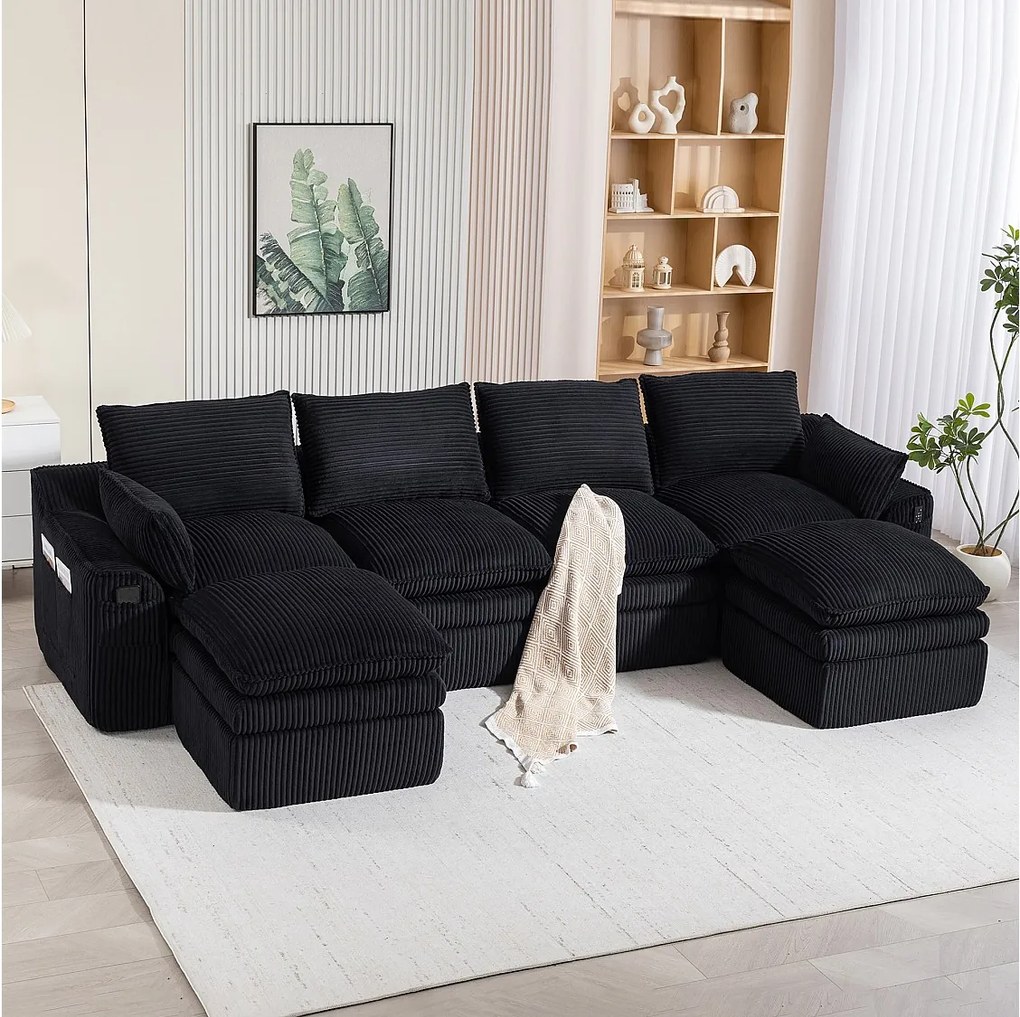 Modułowy zestaw wypoczynkowy 4-osobowy w sztruksie - 335 x 167 x 85 cm - z 2 pufami + poduszkami + 2 kieszeniami - czarny