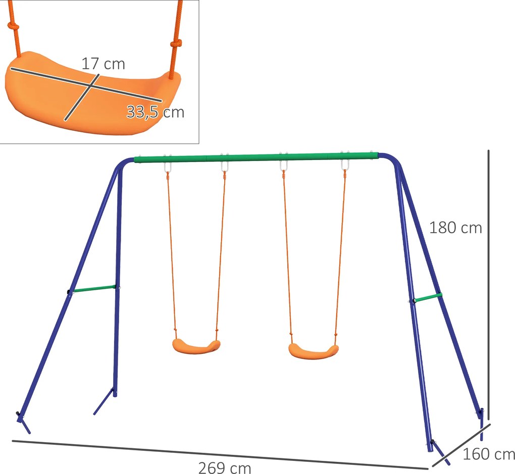 Outsunny Konstrukcja huśtawki dla dzieci z 2 siedzeniami huśtawki, dla 3-8 lat, stal, 2,7 x 1,6 x 1,8 m