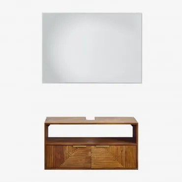 Zestaw Wiszących Mebli Łazienkowych Z Drewna Mango Baty Drewno Mango & Without Sink & Prostokątna Lampa Led I Przeciwmgielna 100x70 Cm - Sklum