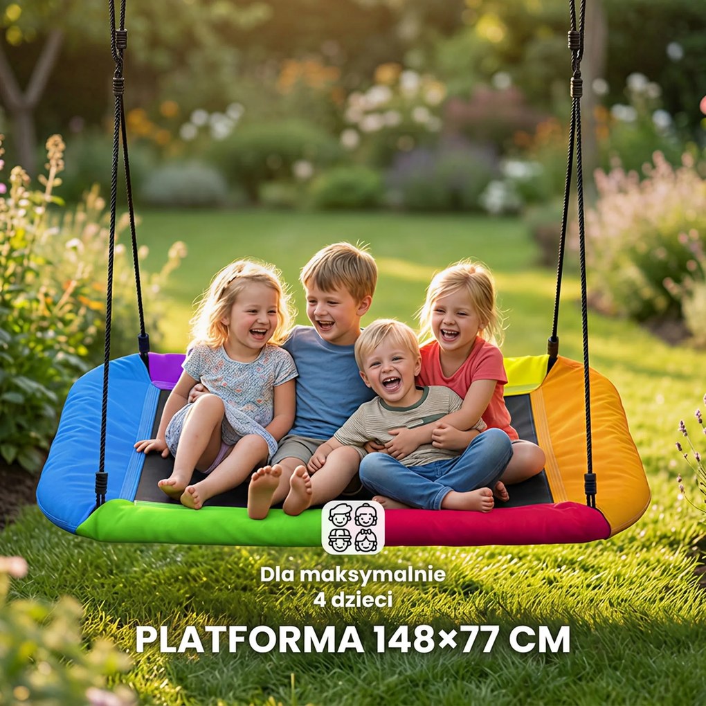 AIYAPLAY Huśtawka typu gniazdo regulowana do 300 kg z regulowanymi linami dla dzieci w wieku 3-8 lat 148x77x180 cm wielokolorowa | Aosom PL