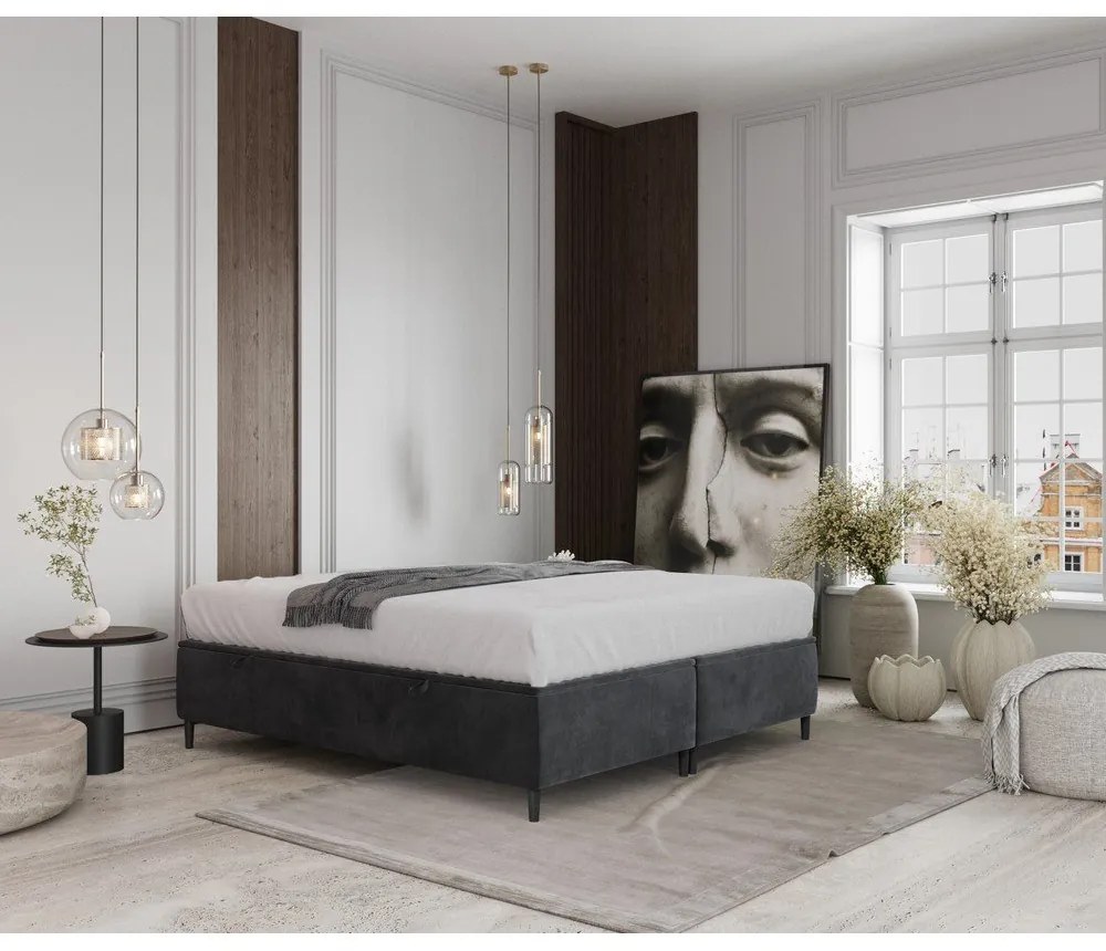 Antracytowe tapicerowane łóżko dwuosobowe ze schowkiem 140x200 cm Tate – Maison de Rêve