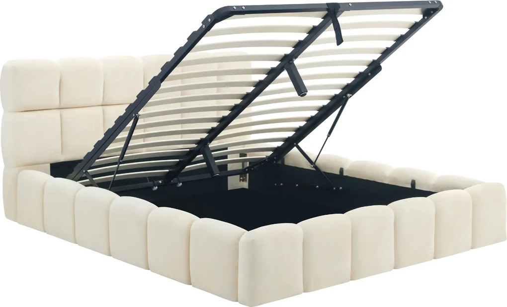 Łóżko Tapicerowane 160x200 cm MURCJA ze Stelażem i Pojemnikiem Dwuosobowe Welurowe Kremowe