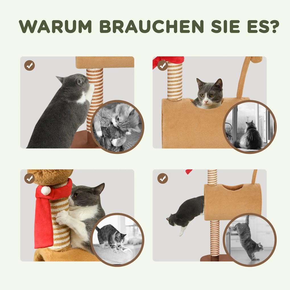 PawHut Drapak 98 cm Wzór Jelenia z Jaskinią, Piłką i Słupkami z Juty, Brązowy