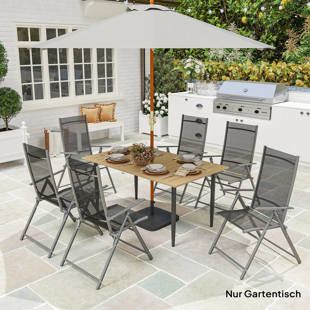 Outsunny Stół ogrodowy 150x90 cm, odporny na warunki atmosferyczne stół balkonowy ze stali, stół z otworem na parasol, brązowy | Aosom PL