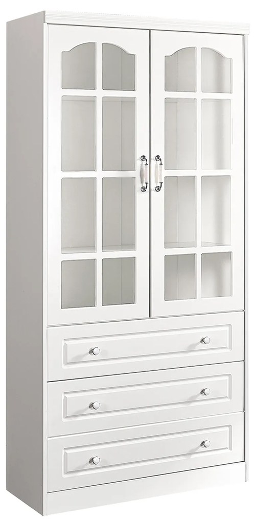 Regał na książki biały, przeszklony, 2 drzwi, 3 szuflady, Alexandra. Witryna 2 drzwiowa do salonu. Meble w stylu angielskim Victoria.