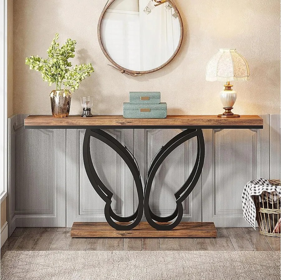 Stolik konsolowy 140 cm, stolik do przedpokoju z metalową ramą w kształcie motyla, stoliki boczne do sofy, długie i wąskie, brązowe i czarne