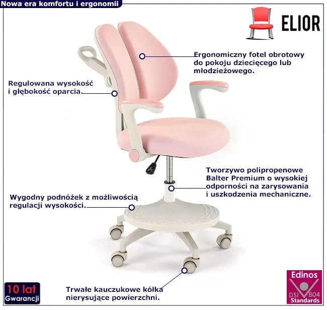 Dziewczęcy różowy obrotowy fotel siedziska z regulacją A0-S88