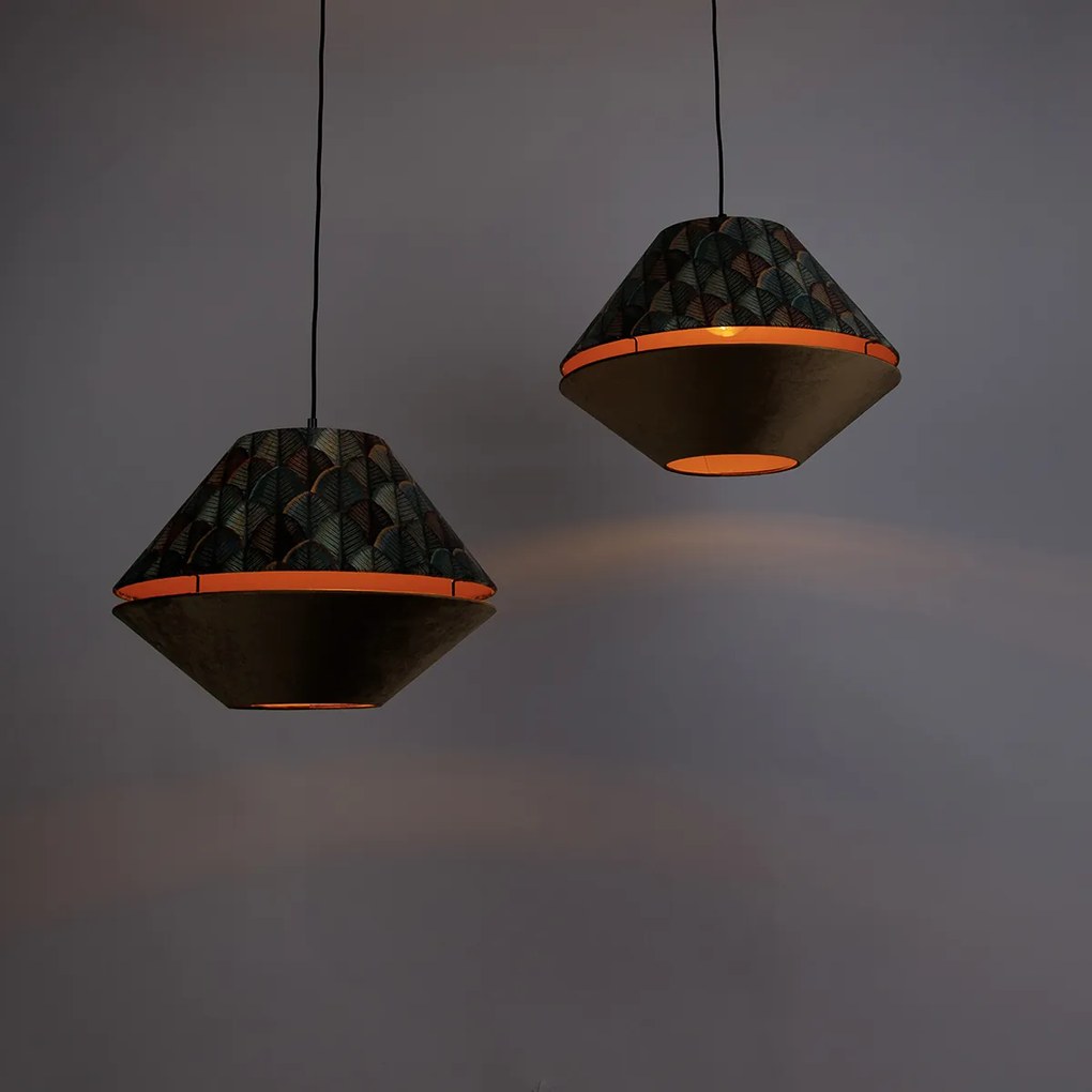 Lampa wisząca czarna z podwójnym aksamitnym abażurem z motywem liści i beżowym kolorem 2-źródła światła - Cava Luxe