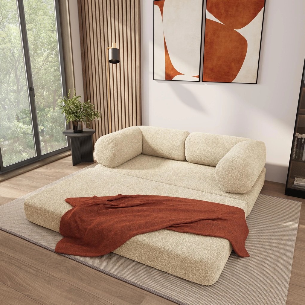 Masseno Sofa piankowa EIREN z funkcją spania, Kanapa z pianki do salonu, Bezmontażowa, Tkanina bucle – Kremowy QUELLE 02