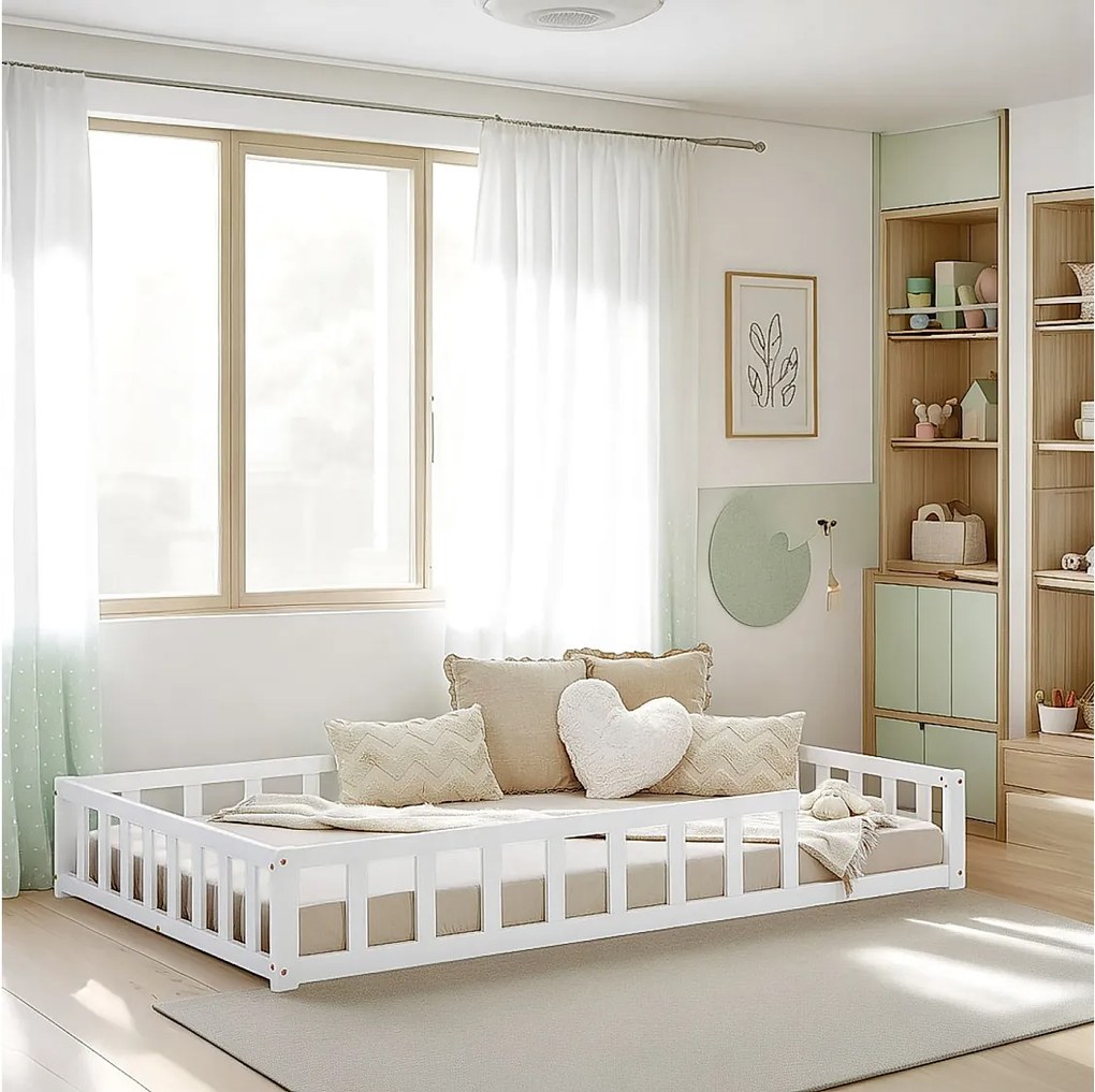Łóżko podłogowe dla malucha 120x200 cm białe, łóżko Montessori z barierkami