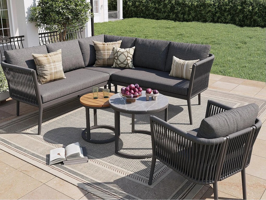 Salon ogrodowy, zestaw mebli na 5-6 osób, z rattanu PE, lin, z żelaza ocynkowanego, kanapa narożna, 2 stoliki kawowe, Szary