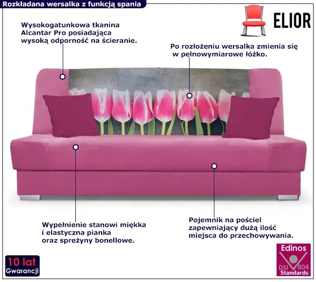 Różowa wersalka z funkcja spania z motywem tulipanów W6-W63