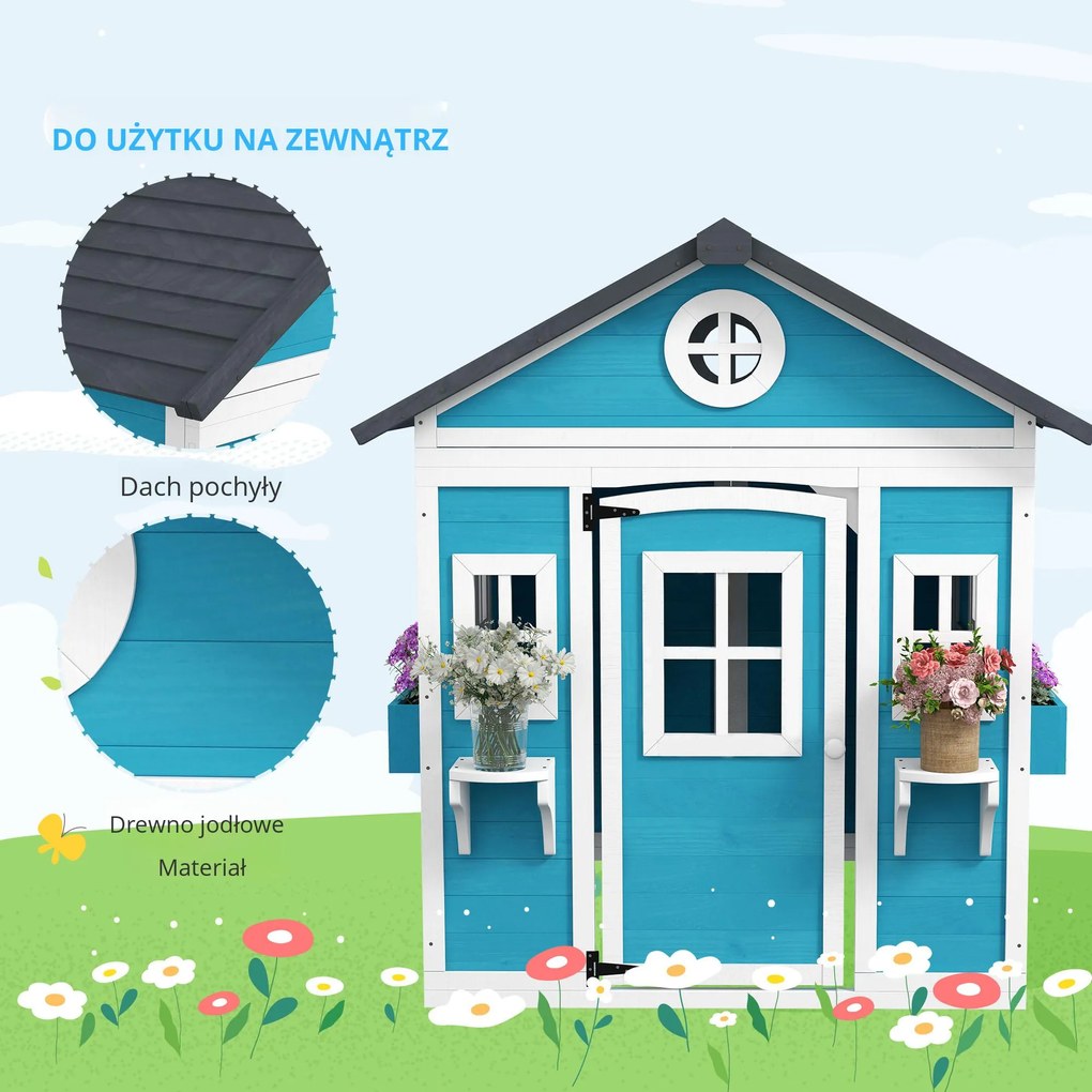 Outsunny Domek Ogrodowy dla Dzieci, Drewniany Domek Zabaw z Oknami, Doniczkami, 3-8 Lat, Niebieski