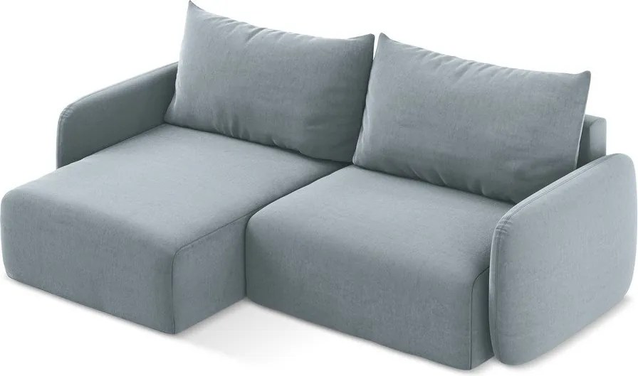 Niebieski aksamitny rozkładany narożnik ze schowkiem (lewostronny/z szezlongiem) Kalena – Makamii