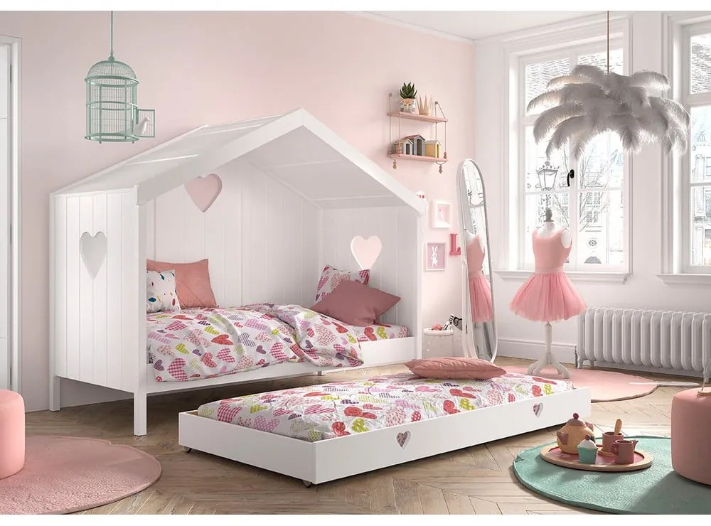 Białe łóżko dziecięce z litego drewna sosnowego w kształcie domku z wysuwanym łóżkiem ze schowkiem 90x200 cm AMORI – Vipack