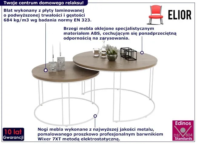 Komplet dwóch skandynawskich stolików kawowych biały + dąb lancelot - Eksa 5X