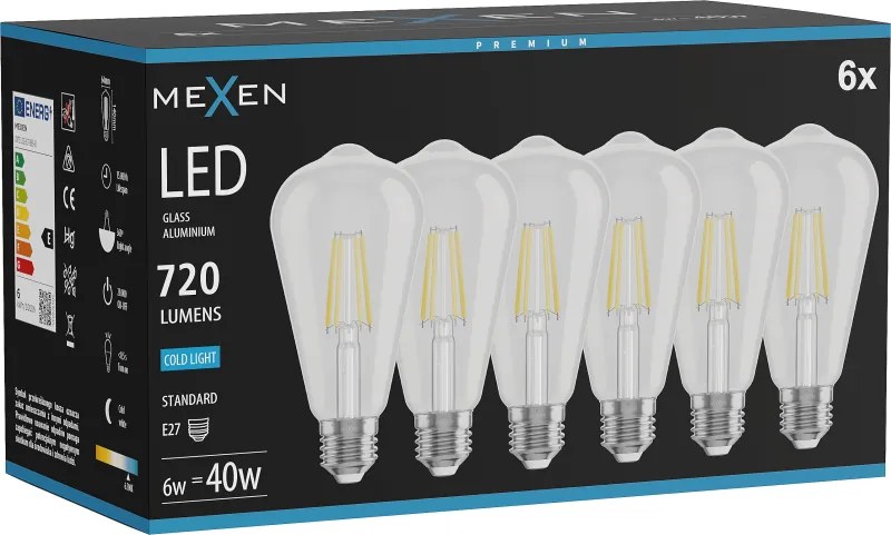 Mexen Vintis 6x żarówka filament LED E27, ST64, 6W, Zimna - 6500K, 720 lm, clear - L152-E27-0665-00x06