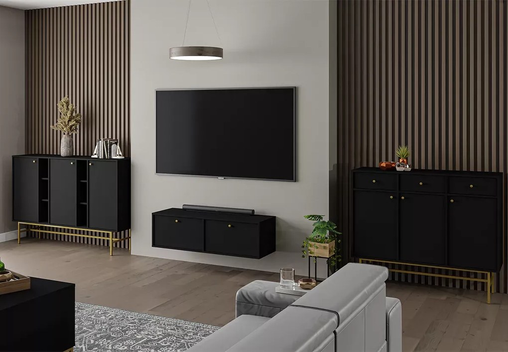 Wisząca szafka RTV Daily II 120 cm beż / czarna / eucaliptus – nowoczesna szafka pod telewizor z dwoma frontami