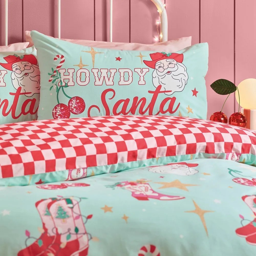 Zielono-różowa pościel dwuosobowa 230x220 cm Santa's Howdy Christmas – Catherine Lansfield