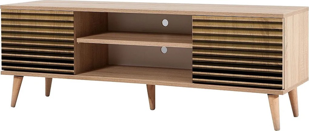 Stolik pod TV z dębu Sonoma – 140 cm – pokryty w 100% melaminą – nogi z drewna grabowego