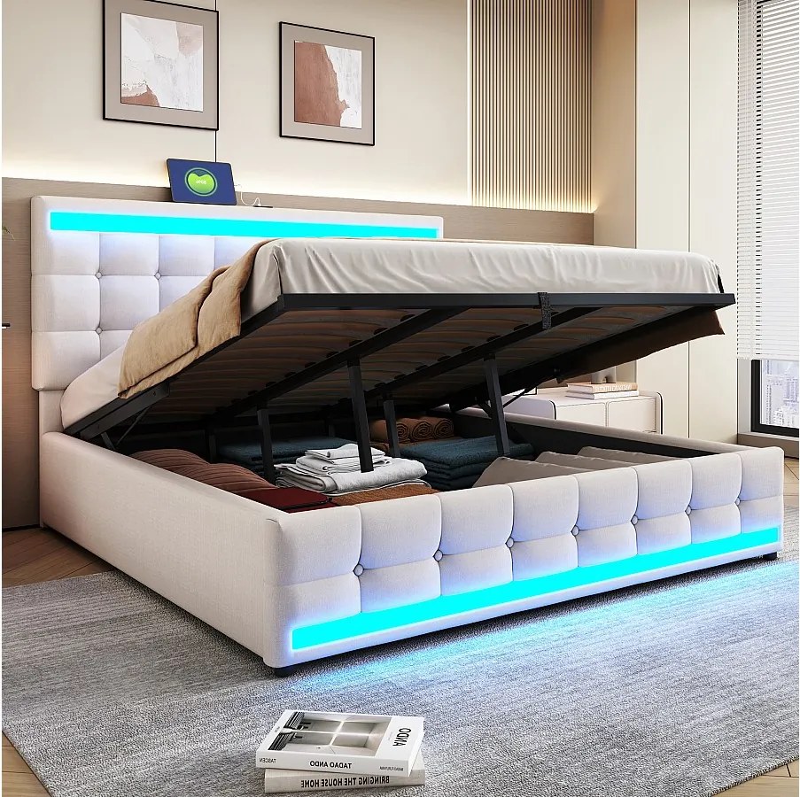 Łóżko tapicerowane ze schowkiem - 180 x 200 - schowek hydrauliczny - z USB + LED - len + sklejka + MDF - beż